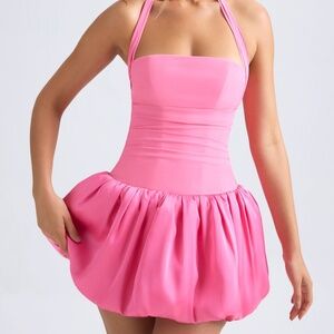 Oh Polly Halterneck Lace-Up Bubble Hem Corset Micro Mini Dress in Hot Pink 8